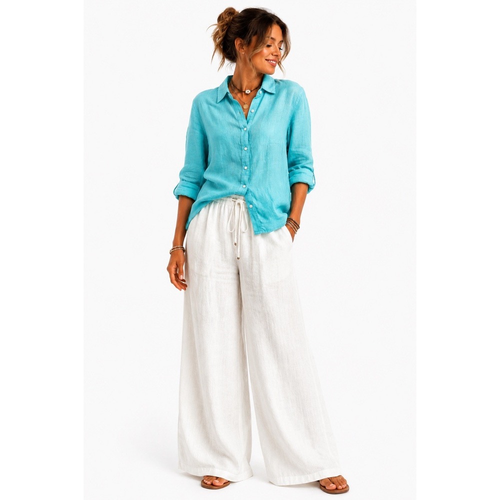Talbots 100% Linen Button Front Shirt LP Blue Coastal Lagenlook Boho Minimalist